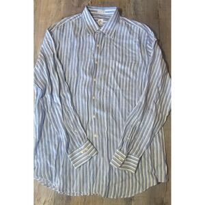 Peter Millar Mens XL 100 Linen Blue White Striped‎ Button Up Long Sleeve Shirt